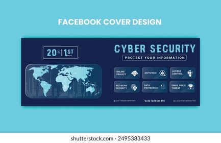 Cyber Security facebook cover Concepts. Vector Illustration of Outline Design