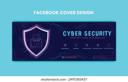 Cyber Security facebook cover Concepts. Vector Illustration of Outline Design