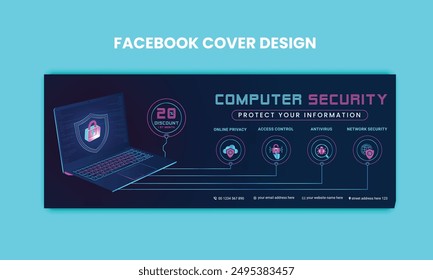 Cyber Security facebook cover Concepts. Vector Illustration of Outline Design