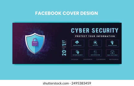 Cyber Security facebook cover Concepts. Vector Illustration of Outline Design