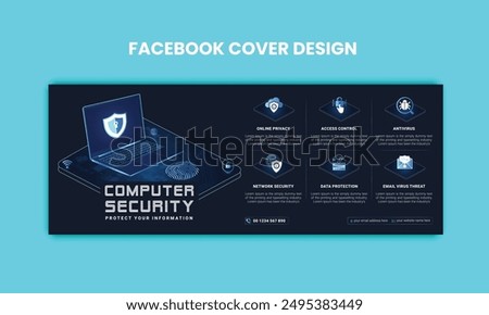 Cyber Security facebook cover Concepts. Vector Illustration of Outline Design