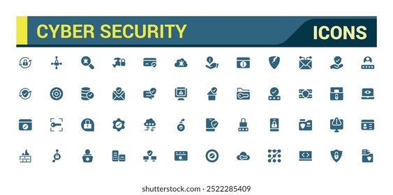 Conjunto de iconos llenos de seguridad cibernética. Protección de datos, spam, seguridad, seguridad y más, conjunto de iconos rellenos, glifo para Web y interfaz de usuario. Conjunto de iconos sólidos. Ilustración vectorial.