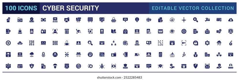 Conjunto de iconos llenos de seguridad cibernética. Protección de datos, spam, seguridad, seguridad y más, conjunto de iconos rellenos, glifo para Web y interfaz de usuario. Conjunto de iconos sólidos. Ilustración vectorial.