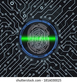 Cyber Security Fingerprint Scanning Technology Infographic Background. Circuit Board Protection Futuristic Element Vector.