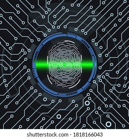 Fondo Infográfico de la Tecnología de Escaneo de Huellas Digitales de Ciberseguridad. Vector de elementos futuristas de protección de la tarjeta de circuito.