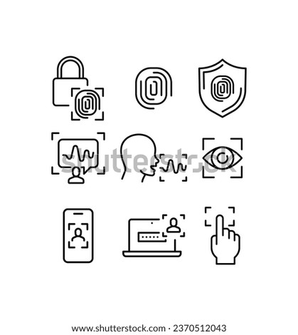 Cyber security fingerprinting, padlock fingerprint, voice, face recognition, retina check. Simple Set of Biometric Related Vector Line Icons. Vector illustration. Design on white background. EPS10