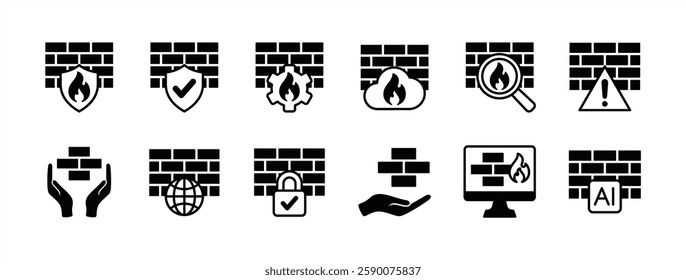Cyber security firewall technology icon vector set. Containing secured, network, internet, warning, protection, privacy, search, shield, padlock, cyberspace, ai