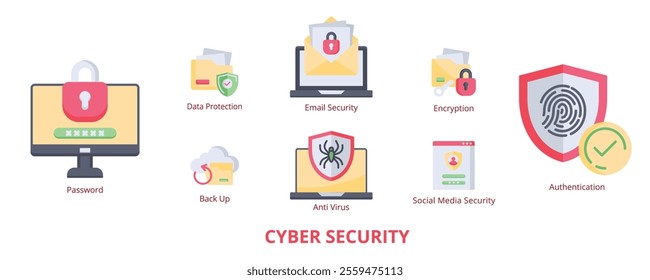 Cyber Security Flat Banner Web Icon Set Vector Illustration