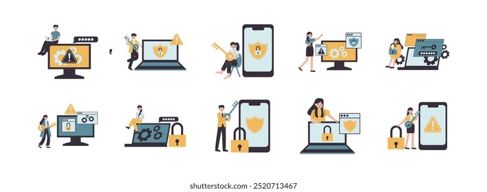 Conjunto de ilustrações simples da Cyber Security. Inclui proteção, segurança, privacidade e sistema. Ilustração vetorial isolada