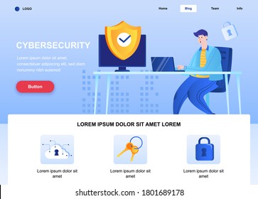 Cyber-Sicherheit flach Landing Page. Der Ingenieur hat eine Webseite für Sicherheitssysteme eingerichtet. Farbige Komposition mit Menschen Charakter, Vektorgrafik. Firewall-Software und Passwort-Identifizierungskonzept.
