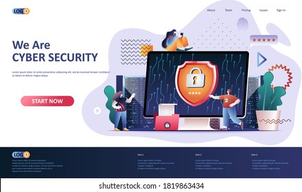 Cyber security flat landing page template. Firewall software, password identification and privacy web banner. Cybersecurity consultation, digital safety 3d composition. Web page vector illustration.