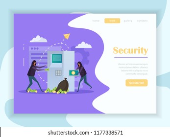 Cyber security flat web landing page with buttons menu and hackers during atm robbery vector illustration  