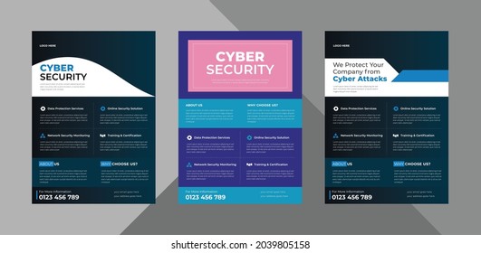 cyber security flyer design template bundle. cyber security protection poster leaflet design. bundle, 3 in 1, a4 template, brochure design, cover, flyer, poster, print-ready