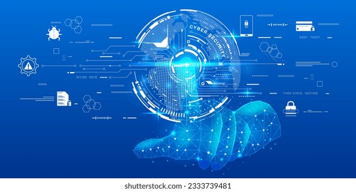 Cyber security of futuristic low poly wireframe hand pressing hud ui circle protection system concept. Future technology online shopping, shield, padlock, wifi protection vector background.