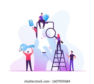 Cyber Security, Futuristic Technologies Concept. Fingerprint Scanning Smartphone Access Lock. Tiny Characters around Huge Mobile Phone with Finger Scan Biometric Id. Cartoon Flat Vector Illustration