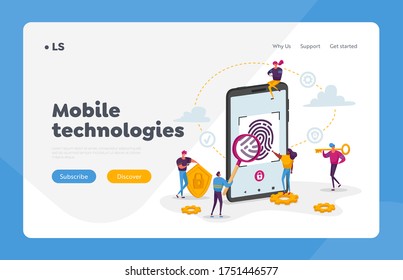 Cyber Security, Futuristic Technologies Landing Page Template. Fingerprint Scanning Smartphone Access Lock. Tiny Characters at Huge Mobile Phone with Finger Scan. Cartoon People Vector Illustration