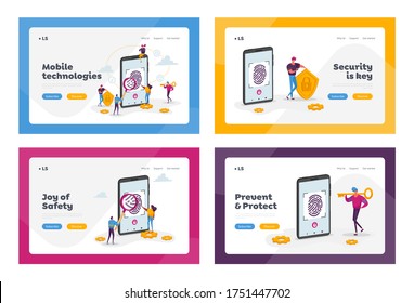 Cyber Security, Futuristic Technology Landing Page Template Set. Fingerprint Scanning Smartphone Access Lock. Tiny Characters at Huge Mobile Phone with Finger Scan. Cartoon People Vector Illustration
