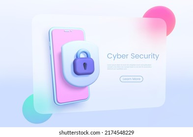 Cyber Security Glassmorphism in 3d style on light background. 3d glassmorphism for web background design. Vector Illustration