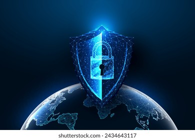 Seguridad cibernética, protección digital global de Internet, concepto futurista de protección mundial en estilo poligonal bajo brillante sobre fondo azul oscuro. Ilustración de vector de diseño de conexión abstracta moderna.