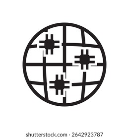 Cyber security global grid icon. Globe embedded with microchip symbols, perfect for secure digital communication.