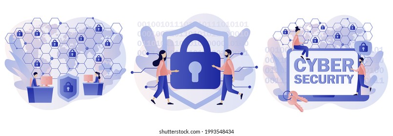 Cyber security. Global network security. Data protection. Tiny people protection of computer services and electronic information. Digital access and online safety. Modern flat cartoon style. Vector 