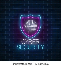 Cyber security glowing neon sign on dark brick wall background. Internet protection symbol with shield and fingerprint. Vector illustration.