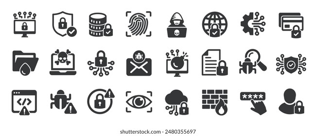 Colección de iconos sólidos de glifo de ciberseguridad. Contiene privacidad, protección, acceso, cifrado, red. Para el diseño de marketing de Sitio web, logotipo, App, Plantilla, ui, etc. Ilustración vectorial.