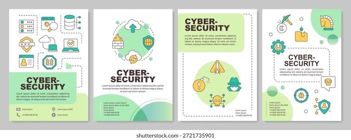Diseño de folleto de círculo verde de seguridad cibernética. Seguridad en Internet, protección de datos. Diseño publicitario de folleto con iconos de línea de color. Editable 4 páginas