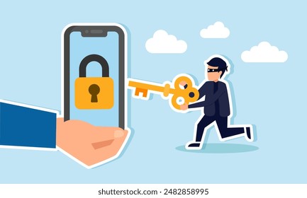 Cyber security hacker stealing money online, phishing, or digital banking threats, concept of A hand holding a mobile smartphone with a lock and keyhole, depicting a criminal using a key