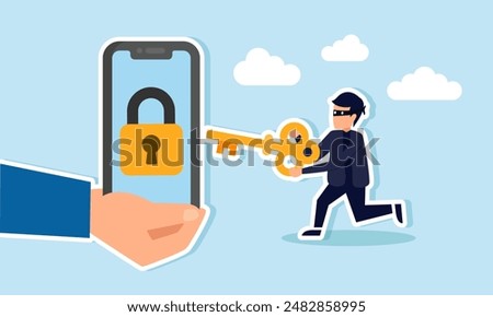 Cyber security hacker stealing money online, phishing, or digital banking threats, concept of A hand holding a mobile smartphone with a lock and keyhole, depicting a criminal using a key