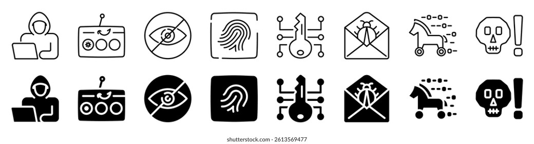 Cyber security and hacking icon. Including hacker set. Linear and silhouette style.