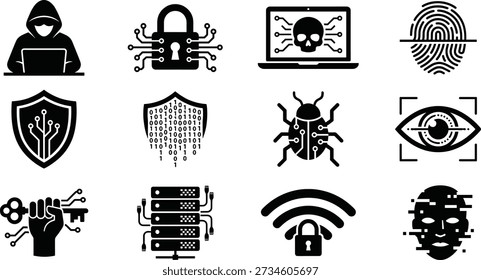 Cyber security and hacking icons vector set in black silhouette style, including hooded hacker, digital padlock, laptop with skull, fingerprint, shield, shield with code, bug, eye in target, key with circuits, server rack, wifi with lock and face scan, ideal for infosec infographics, apps and tech blogs.