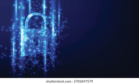 segurança cibernética e prevenção de hackers. cadeado digital com luz futurista brilhante no fundo azul com espaço de cópia