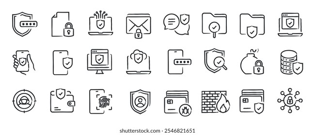 Cyber-Sicherheit handgezeichnete Doodle Skizze Stil Linie Symbole