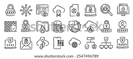 Cyber security hand drawn doodle sketch style line icons