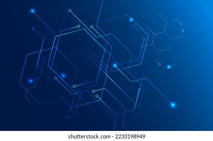 Cyber security hexagon, Vector illustration white gear and tree cog wheel on circuit board, Hi-tech digital technology and engineering on blue color background