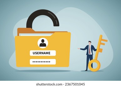 Cyber security, high protection and safety for login account, secure data privacy, online authentication concept, businessman hold key unlock the user account.