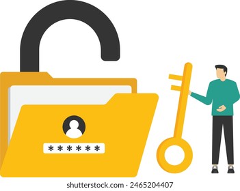 Cyber security, high protection and safety for login account, secure data privacy, online authentication concept, businessman hold key unlock the user account.

