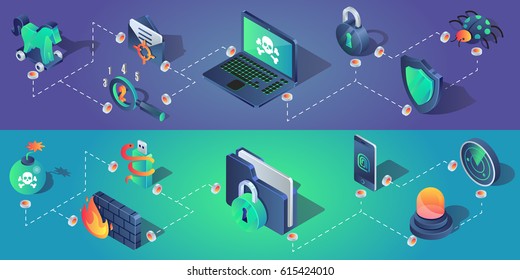 Cyber Security Horizontal Banners With Isometric Icons Vector Illustration