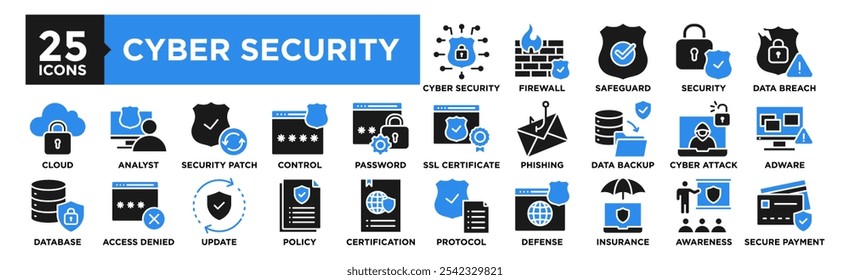 Conjunto de coleta de ícones do Cyber Security. Contendo tecnologia de design, rede, segurança, sistema, privacidade, informações	