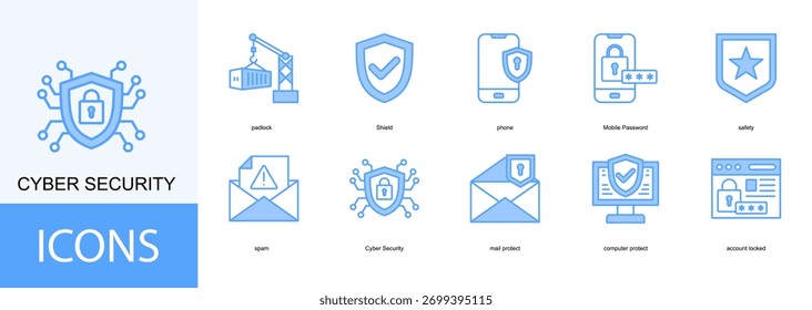 Conjunto de colección de iconos de seguridad cibernética. Contiene candado, escudo, teléfono, Contraseña móvil, icono de seguridad.