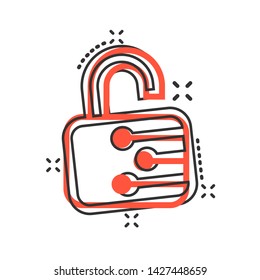 Cyber security icon in comic style. Padlock locked vector cartoon illustration on white isolated background. Closed password business concept splash effect.
