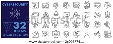 Cyber security icon. Data protection, Fingerprint, Secured network, Data Protection, Hacker, Password, Firewall, Spam, Antivirus, Virus Threat, Safe Payment, Technology concept. Editable Stroke Icon