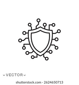 Icono de seguridad cibernética, concepto de sistema digital, escudo, símbolo de línea delgada aislado sobre fondo blanco, carrera editable EPS 10 Ilustración vectorial