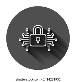 Cyber security icon in flat style. Padlock locked vector illustration on black round background with long shadow. Closed password business concept.