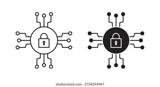 Icono de seguridad cibernética con versiones de línea y silueta.