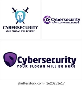 Cyber security icon logo template with purple blue shield spartan sword and keyhole circle tech vector suitable for technology company consulting app web
