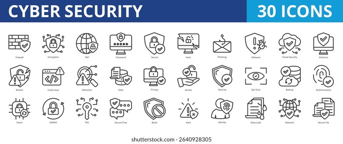 Cyber security icon pack collection set with firewall, encryption, vpn, password, secure, hack, phishing, malware, cloud security, antivirus, breach, code issue, detection, data, privacy, access
