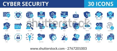 Cyber security icon pack collection set with firewall, encryption, vpn, password, secure, hack, phishing, malware, cloud security, antivirus, breach, code issue, detection, data, privacy, access