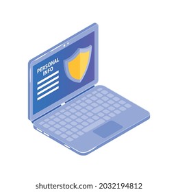 Cyber security icon with protected personal data on laptop 3d isometric vector illustration